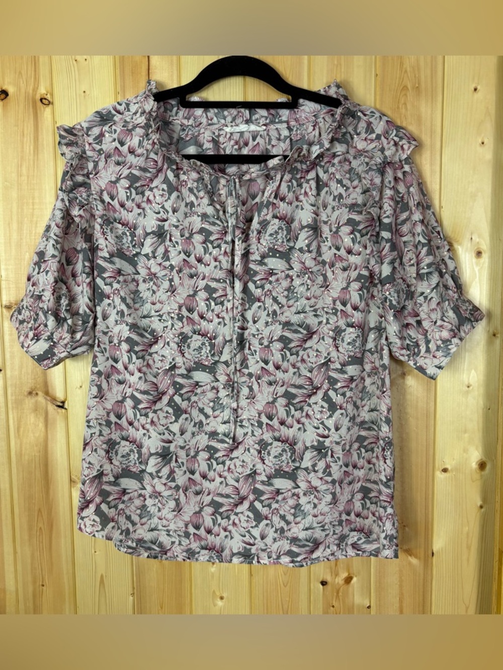 Solitaire Women’s Boho Floral Tie-Neck Blouse Medium Feminine Work Wear Office